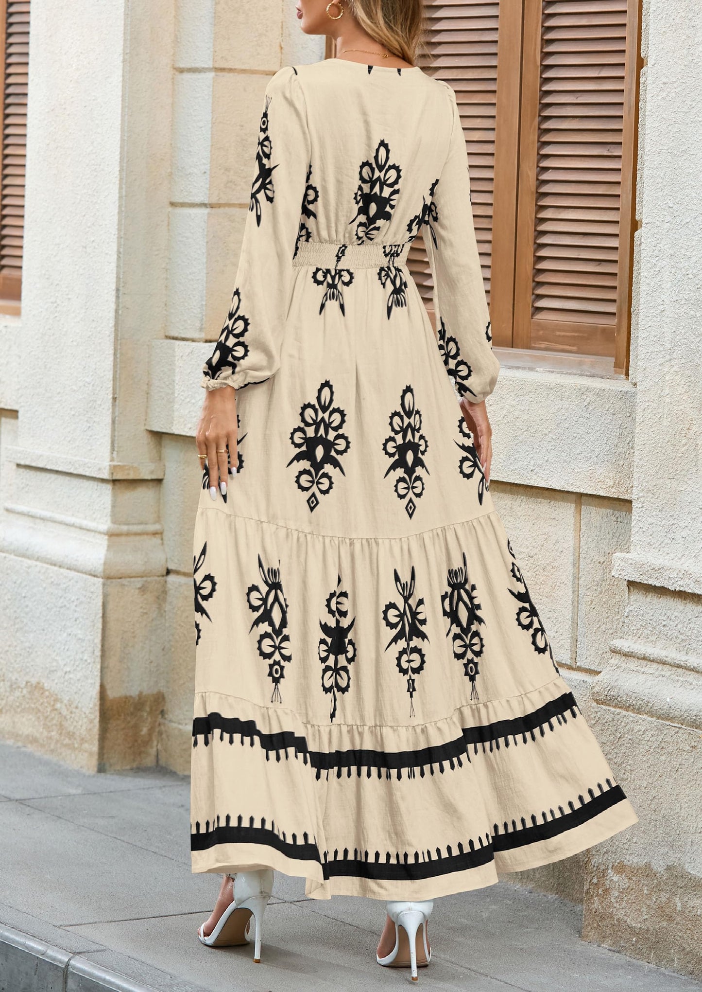 PRETTYGARDEN Women's 2025 Fall Wedding Guest Dresses Boho Floral Long Sleeve V Neck Flowy Elegant Maxi Dress Beach Clothes