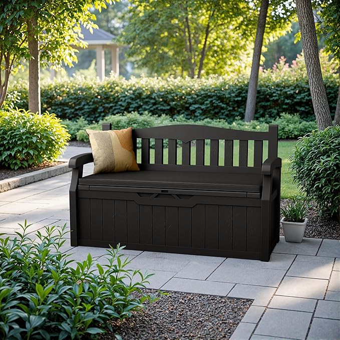 Devoko 80 Gallon Storage Bench with Cushion, Lockable Deck Box for Patio Furniture, Garden Decor and Outdoor Seating for Cushions, Garden Tools and Pool Supplies (Black, 80 Gallon with Cushion)
