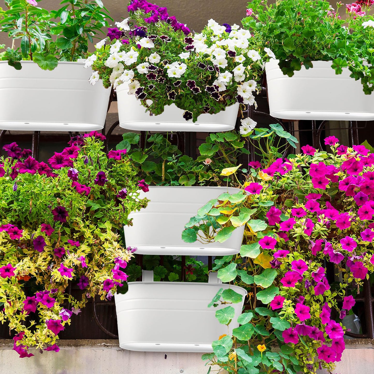 Hicarer 4 Pcs Metal Hanging Flower Pots for Railing Fence, 10.6 Inch Hanging Rail Planters for Outdoor Window Balcony Plants Holder with Hooks for Garden Yard Home Decor (White)