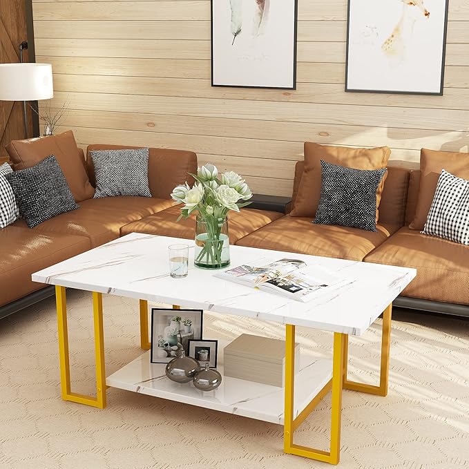AWQM Marble Coffee Table, Faux Marble Top Rectangular Coffee Table