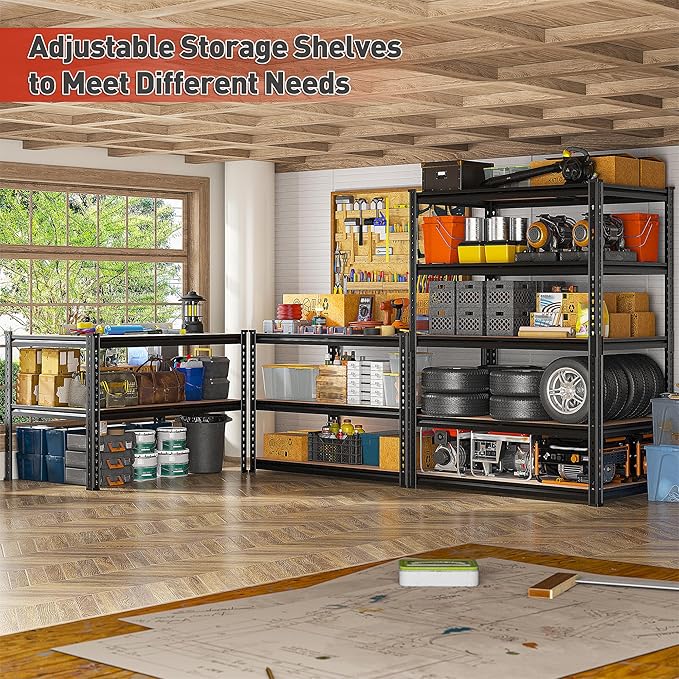 REIBII 2400LBS Storage Shelves 5 Tier Garage Shelving Heavy Duty, Adjustable Metal Shelving, Garage Shelves for Basement, Warehouse, Pantry, Closet, Kitchen 72" H x 35.55" W x 16" D, Black, 4 Pack