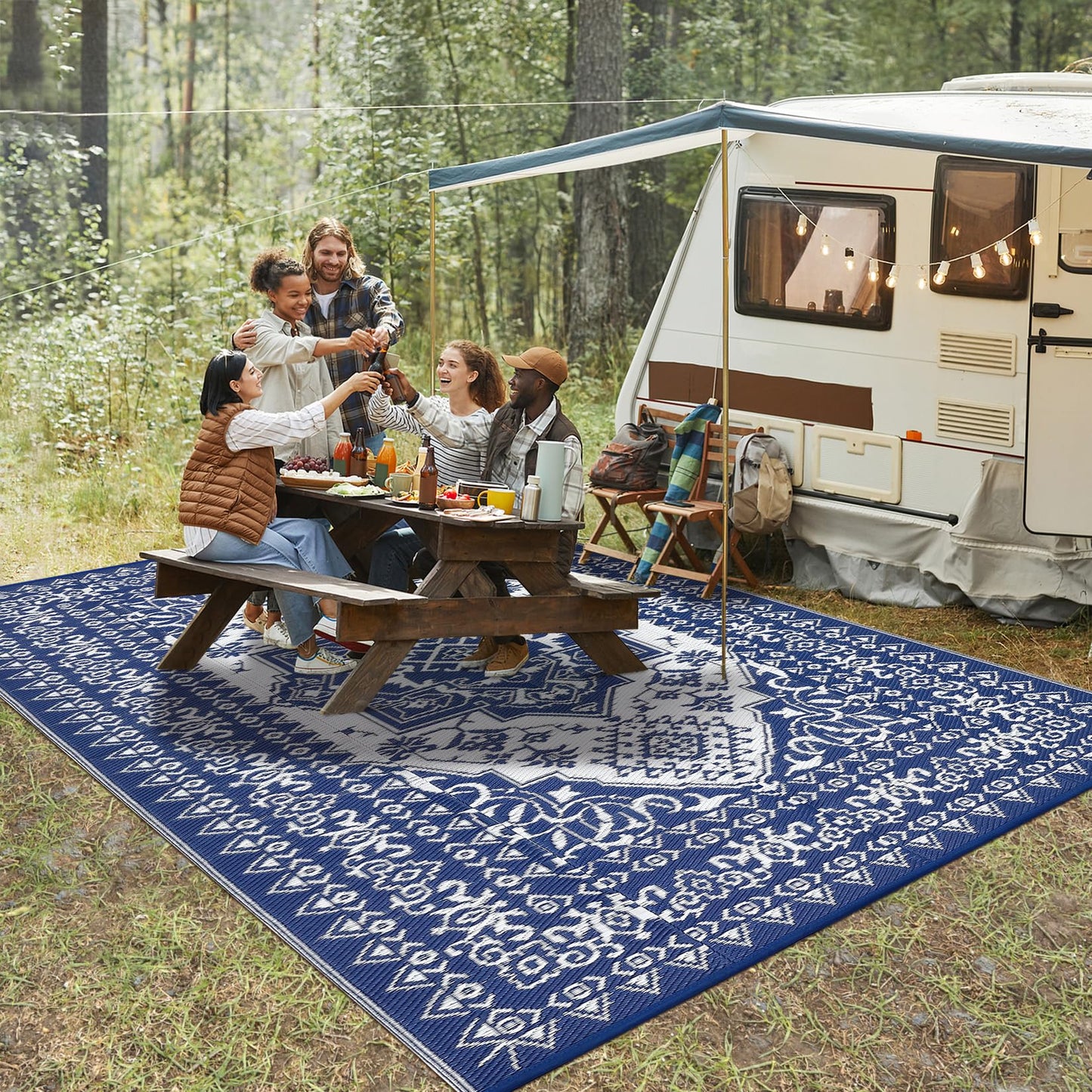 GarveeHome Large Outdoor Rug 9x18 Waterproof Reversible Mat Palm Retro Oriental Camping Rugs Indoor Outdoor Rugs Carpet Plastic Straw Rug for Patio Deck Balcony Pool RV Camping, Dark Blue and White