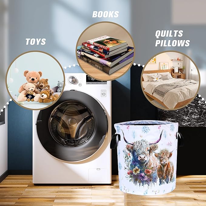 Highland Cow Laundry Basket Cattle Animal Foldable Oxford Cloth Funny Tote Bag