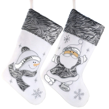 WEWILL Classic White Silvery Christmas Stockings Set of 2 Santa, Snowman Xmas Character Fireplace Hanging Stockings 17 inches for Holiday Party Family