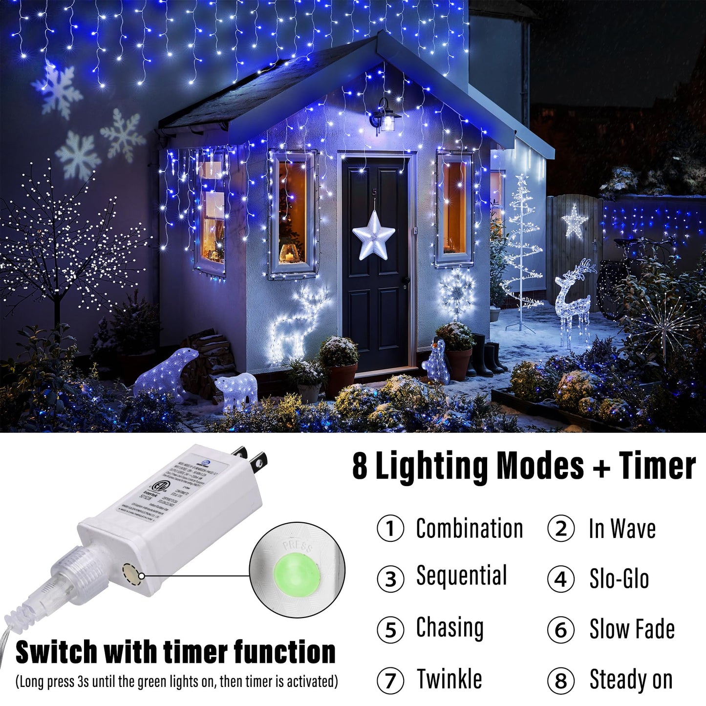 Joomer Christmas Icicle Lights - 33FT Plug in String Lights Waterproof, 8 Modes Timer Connectable Outdoor String Light for Christmas Party, Eaves, Roofs, Xmas Decorations (White+Blue)