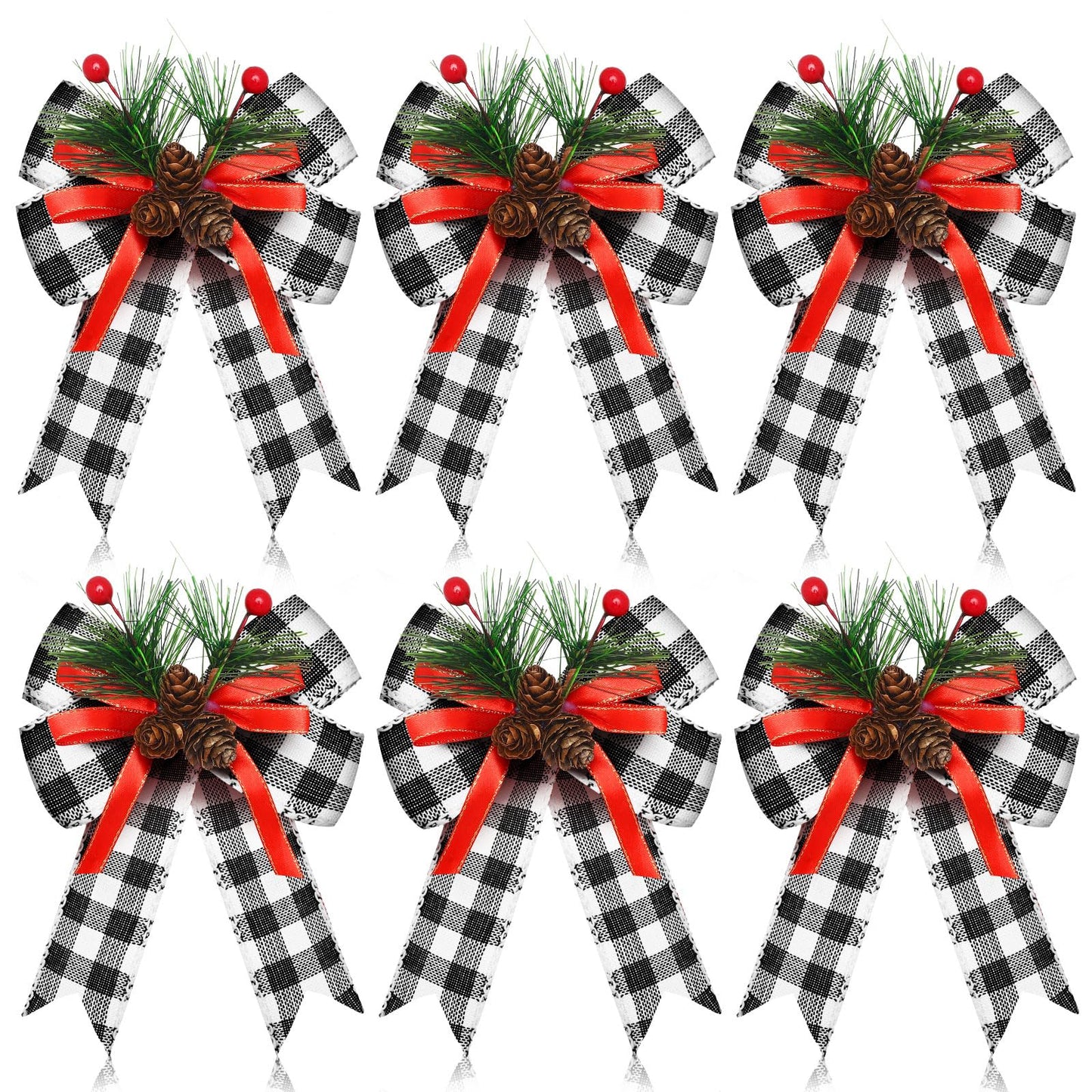 Syhood 6 Pcs Christmas Bows with Pine Cones Pine Needles Xmas Plaid Bows Black White Ribbon Christmas Tree Wreath Decoration for Xmas Parties Indoor Outdoor Crafts DIY Decor