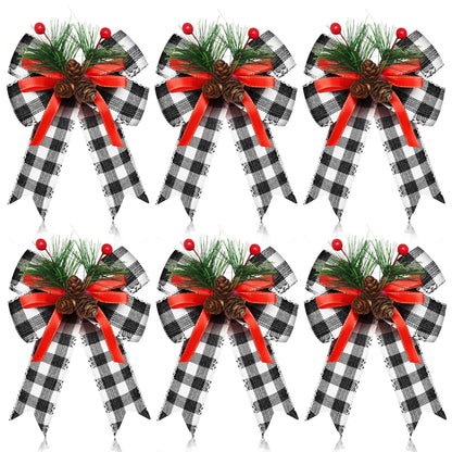 Syhood 6 Pcs Christmas Bows with Pine Cones Pine Needles Xmas Plaid Bows Black White Ribbon Christmas Tree Wreath Decoration for Xmas Parties Indoor Outdoor Crafts DIY Decor