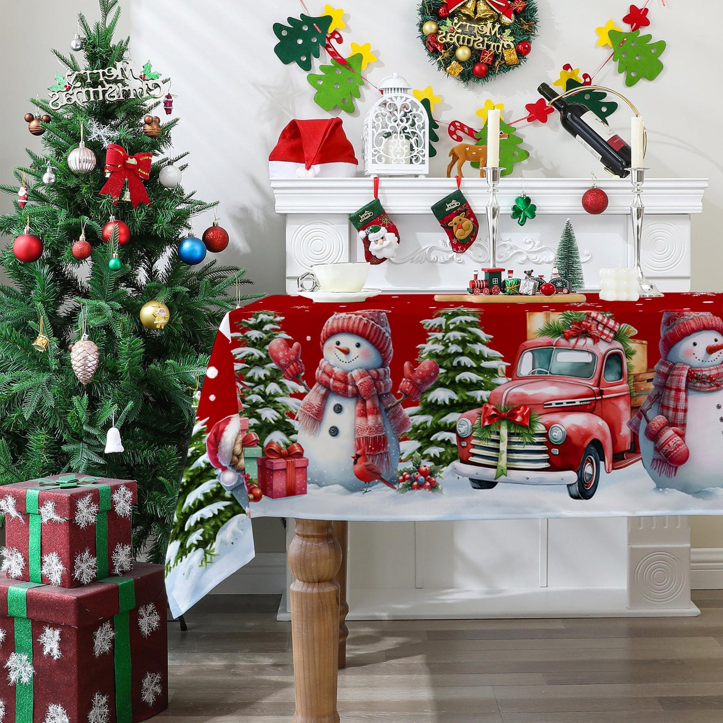 cusugbaso Christmas Tablecloth 60x84 Inches for Rectangle Tables - Red Christmas Decor for Table - Snowman Water Resistant Xmas Table Cloth, Party Decorations for Kitchen, Home