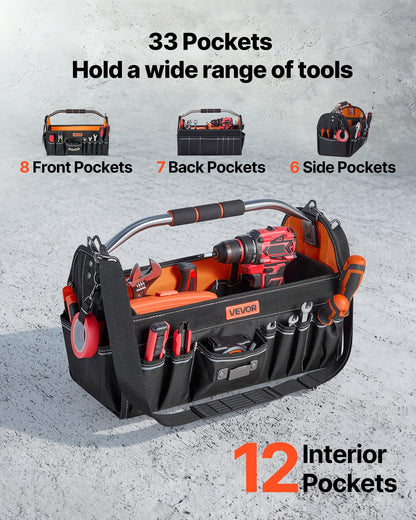 VEVOR Tool Bag, 16.1 Inch, 33-Pocket Open Top Tool Tote, Electrical Maintenance Toolbox Organizer Storage with Handle, Adjustable Shoulder Strap, Portable Toolbag, for Professionals DIY & Jobsite Use
