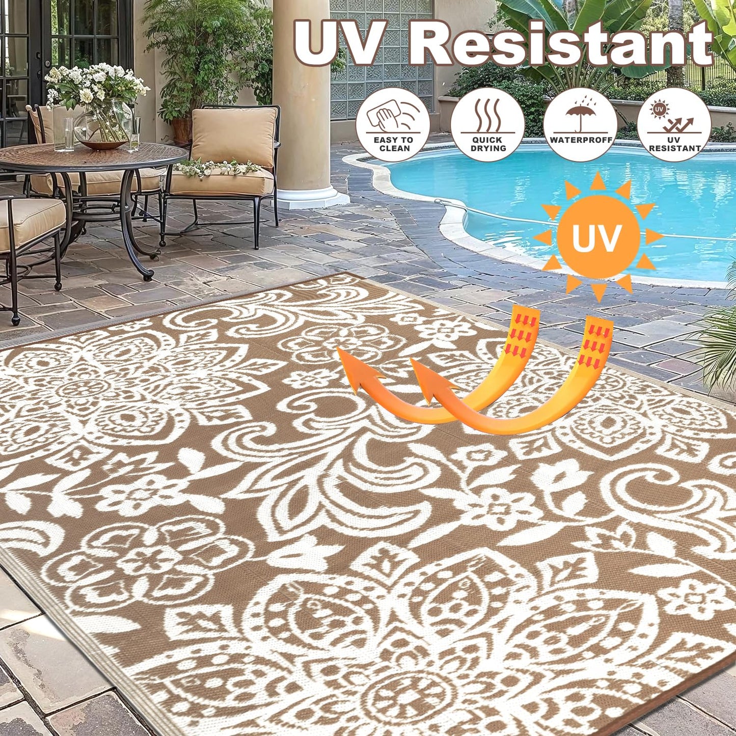Findosom Waterproof Outdoor Rug 9' x 18' - Reversible Mandala Outdoor Plastic Straw Rug, Durable Foldable Patio Rug for RV, Deck, Balcony, Backyard, Picnic, Porch, Camping, Beach, Brown