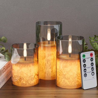 VIODAIM Ice Crystal Real Wax Glass Flameless Candles with Remote & Timer, Battery Operated Candles with Warm Flickering Flame, Realistic LED Candle for Wedding Home Decor [D3×H4/5"/6"] Grey, 3Pack