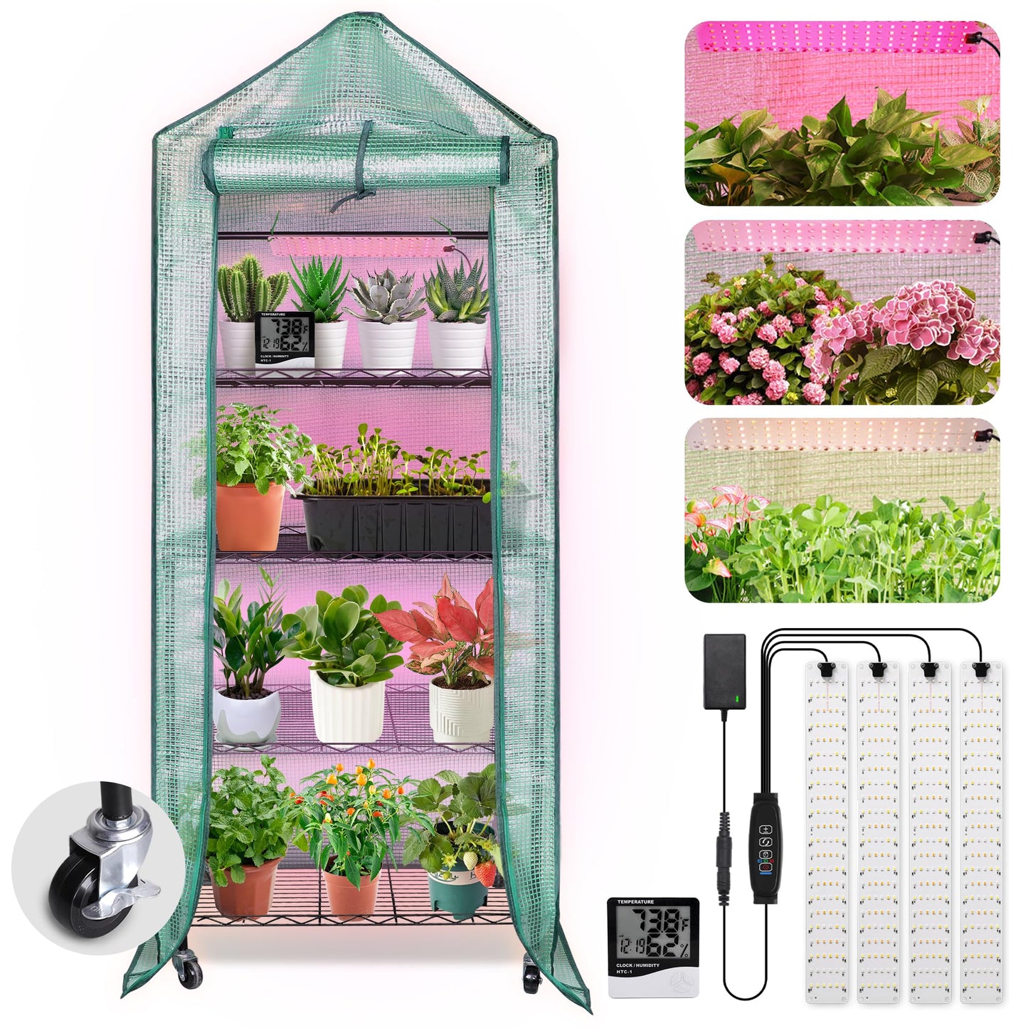 DazSpirit Mini Indoor Greenhouse with Grow Light, Portable 4-Tier Plant Stand with PVC Cover, Adjustable Shelves & Thermohygrometer for Seed Starting & Plant Growth, 70 x 23 x 19'', 32W Grow Light