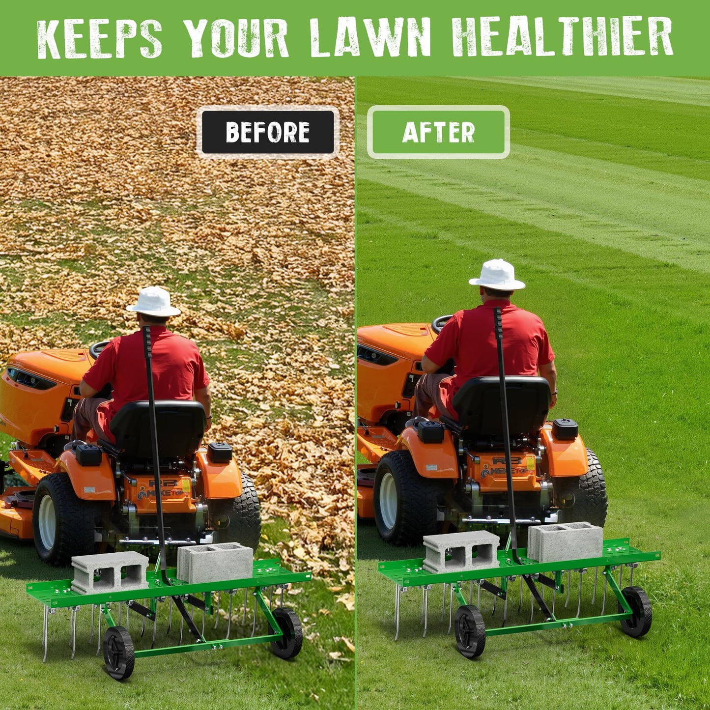 PPOLB 40" Tow-Behind Dethatcher with 20 Spring Steel Tines, Pull Behind Lawn Tractor Mower Grass Rake for Yard, Garden, and Farm Care – Removes Thatch, Leaves, and Pine Needles-Green