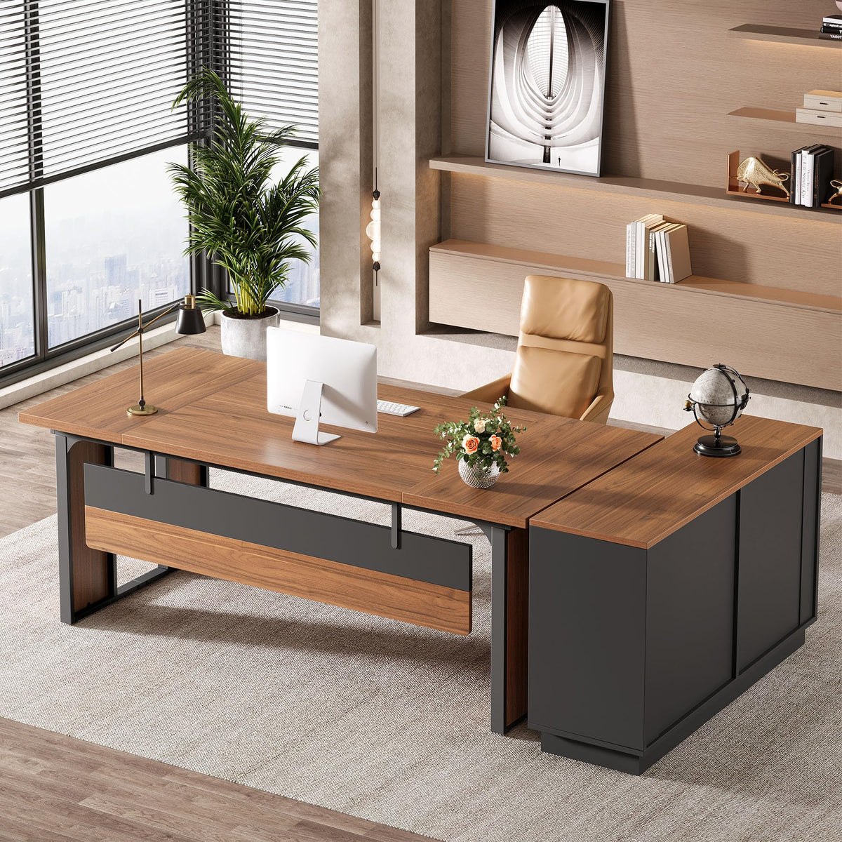 Tribesigns 63‘’ L-Shaped Executive Desk, Office Table with 39.37-Inch Drawers Cabinet, Large Computer Desk with Storage Shelves, Business Furniture Set for Home Office, Brown & Black