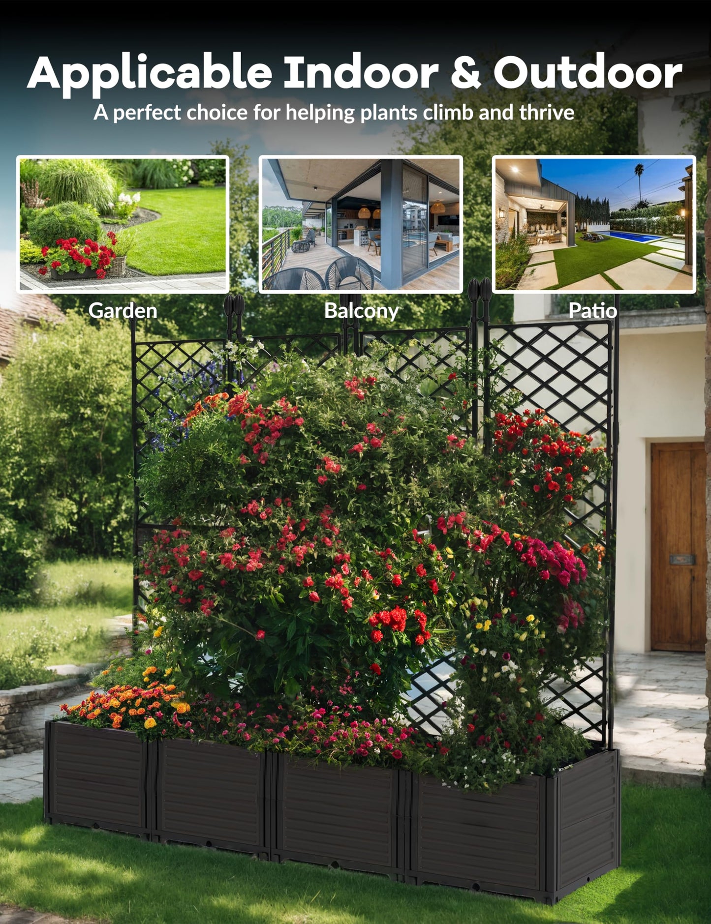 Garvee 4 PCS Plastic Plant with Metal Trellis, Raised Garden Bed with Trellis Planter for Climbing Plant Outdoor Raised Box Privacy Screen for Patio Balcony, Planter for Backyard Patio