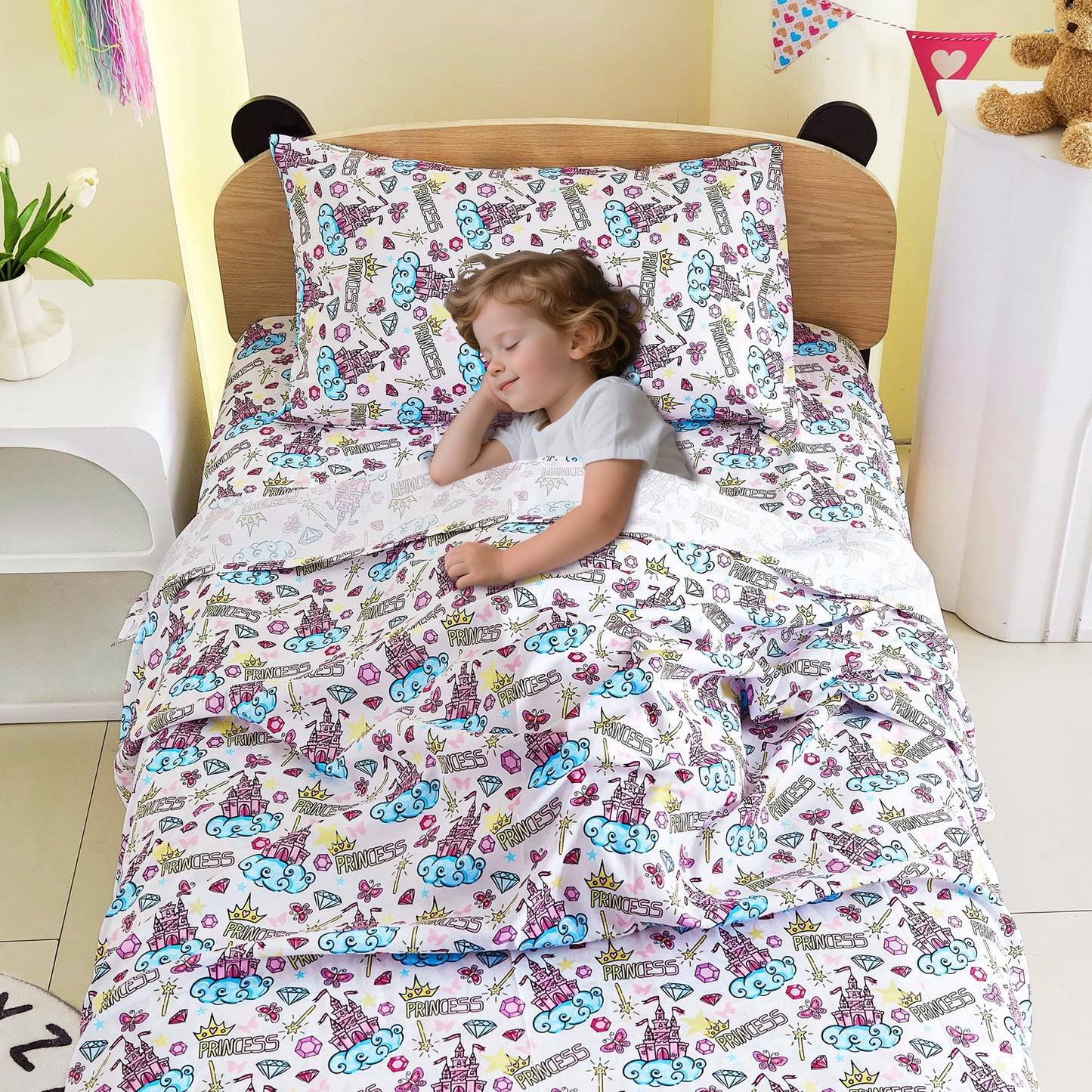 Softan Kids Bed Sheet Set, 4-Piece Full Size Sheets, Microfiber Fitted Sheet with 15 Inches Deep Pocket and Corner Straps, Breathable & Silky Soft Castle Diamond Printed Sheet and Pillowcase Sets