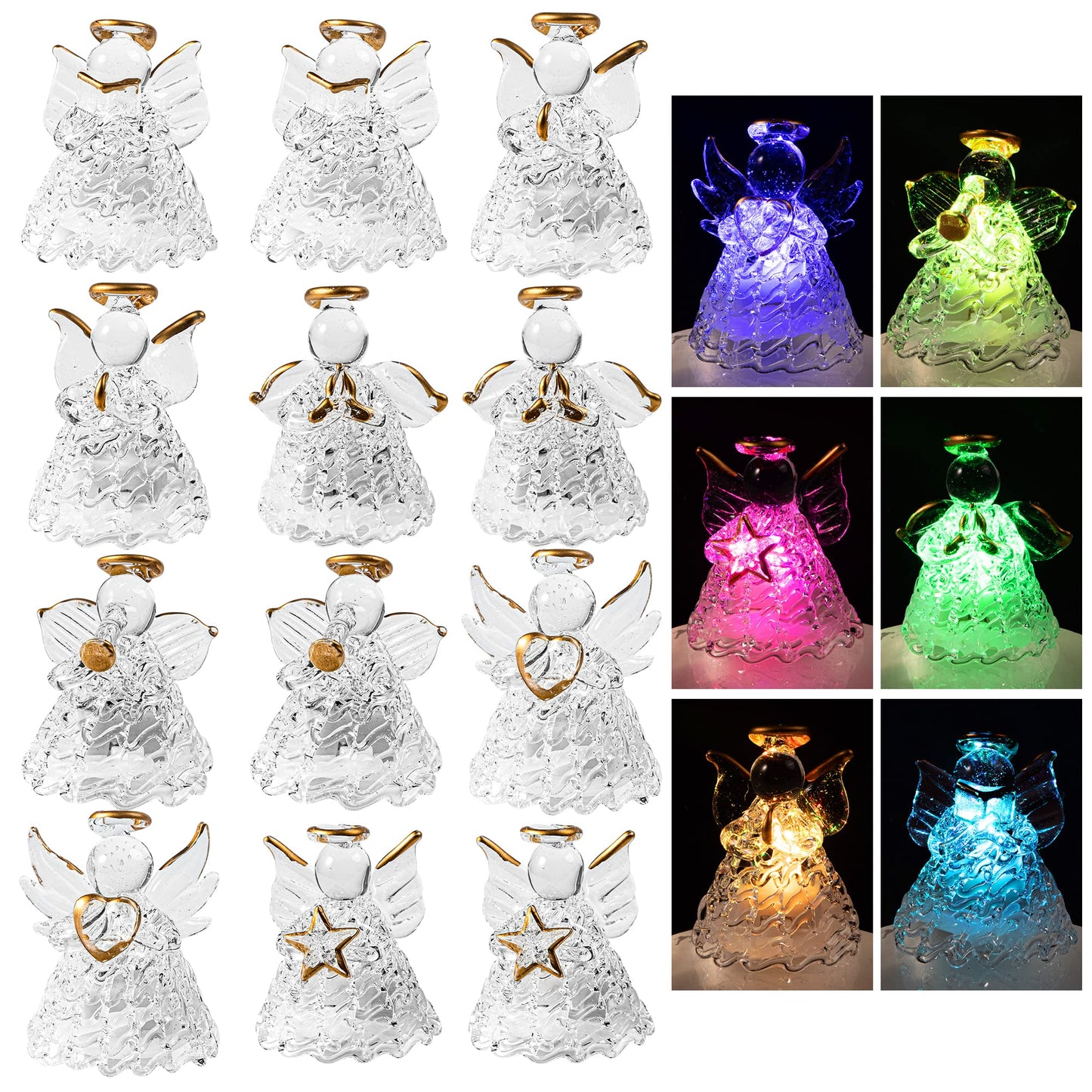 JOYIN Christmas Set of 12Pcs Spun Angel Ornament, Clear Angel Hanging Ornaments with LED Lights for Christmas Tree Decorations, Xmas Party Favor