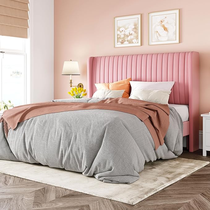 Allewie Queen Size Velvet Bed Frame/Vertical Channel Tufted Wingback