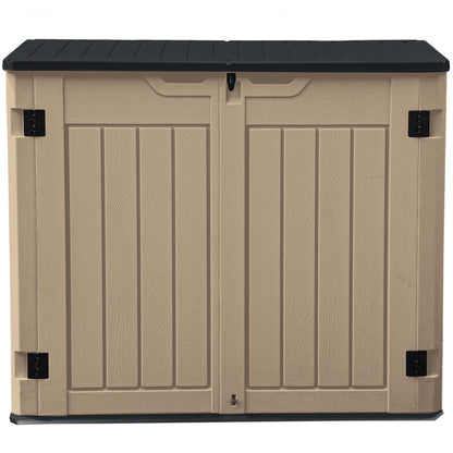 DWVO 35 Cuft Outdoor Horizontal Storage, Waterproof Resin Storage Shed with Floor and Multiple Accesses for Garden Tools, Easy Assembly, Brown (No Shelf Included)