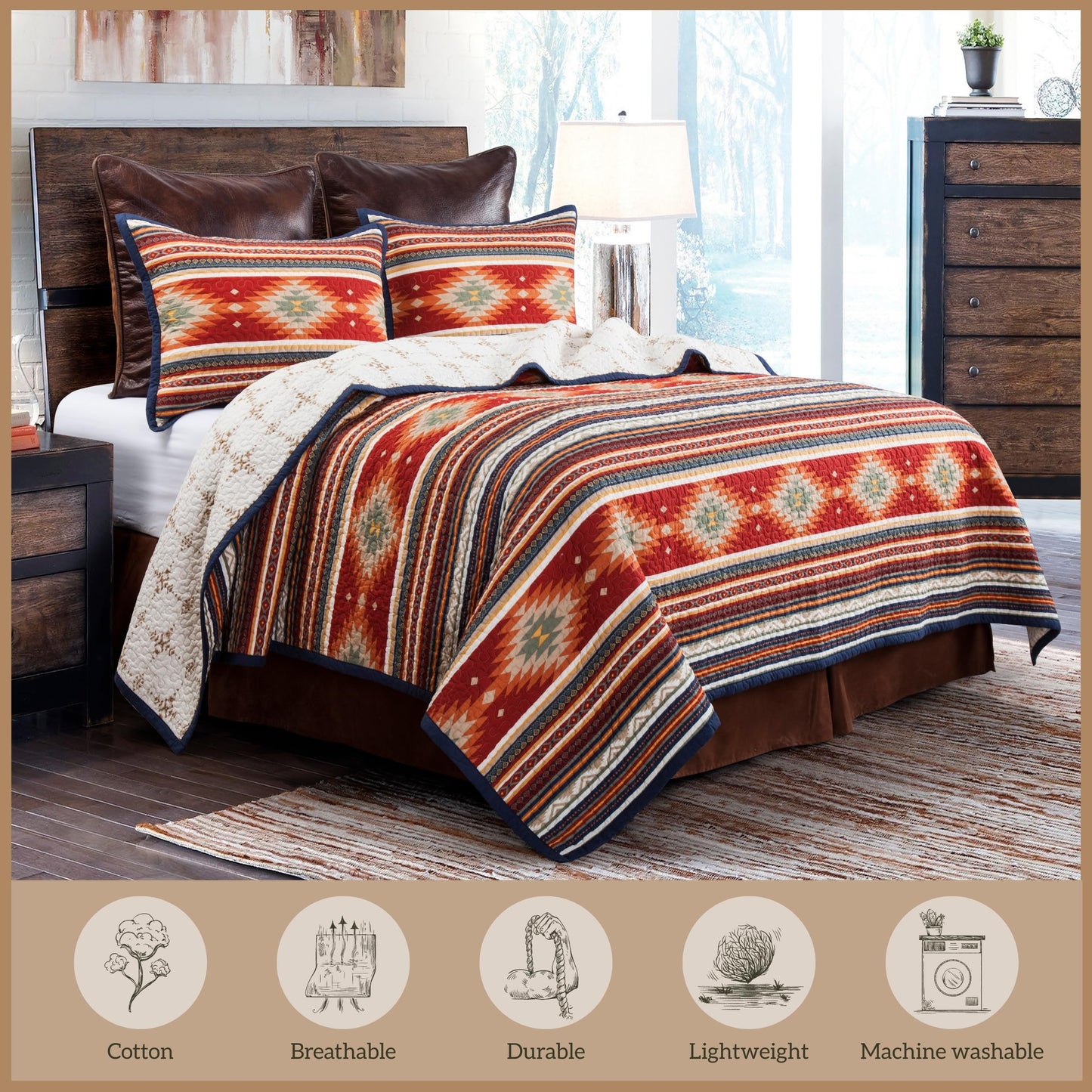 Paseo Road Del Sol King Quilt Set, 3 Piece Rustic Western Bedding Set with Pillow Sham, Lightweight Reversible Cotton Quilt with Southwestern Aztec Pattern, Soft Breathable Cozy Boho Bedding