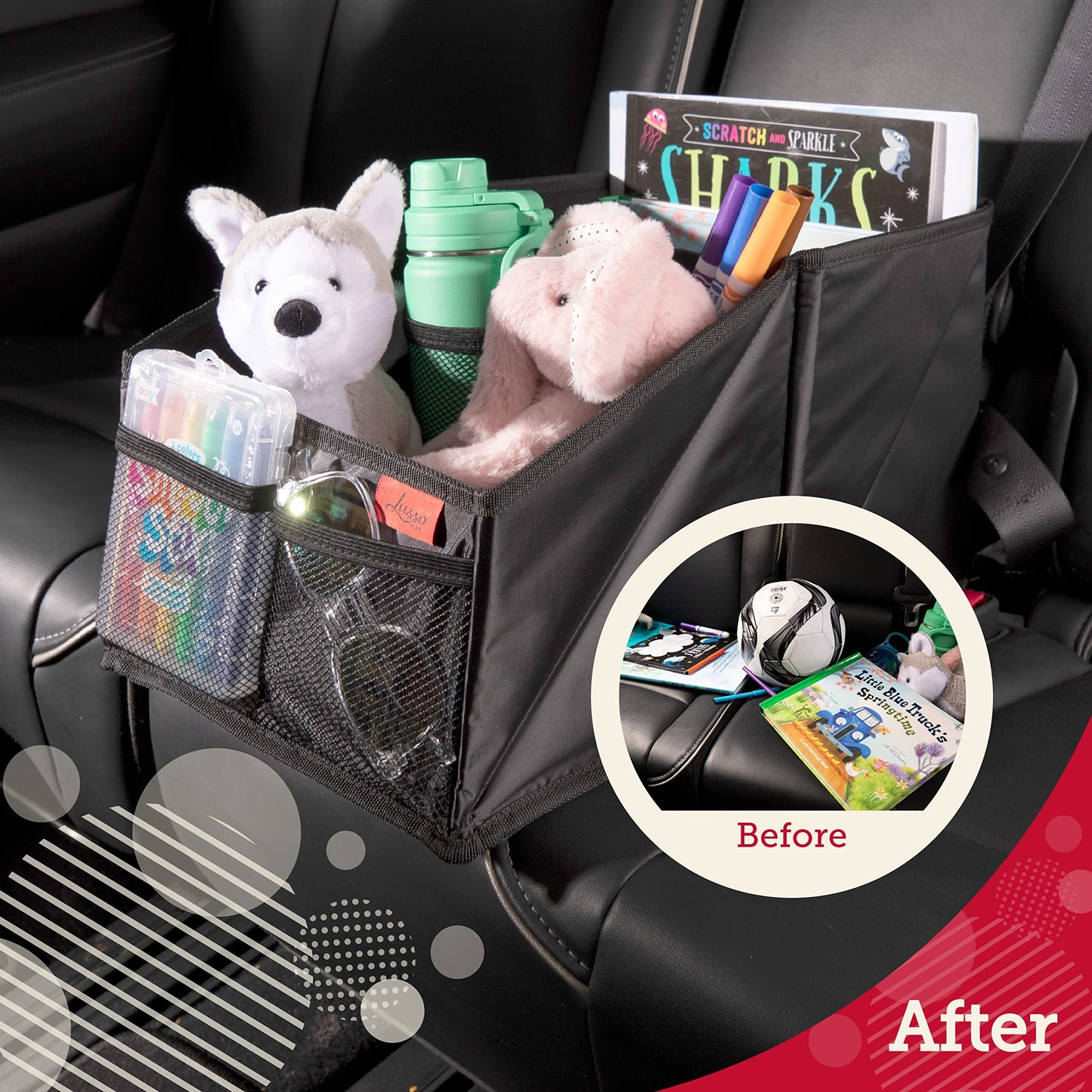 Lusso Gear Car Seat Organiser for Front or Backseat Great for Adults & Kids Featuring 8 Storage Compartments for Toys, Magazines, Tissues, Maps, Books, Documents, Games & More