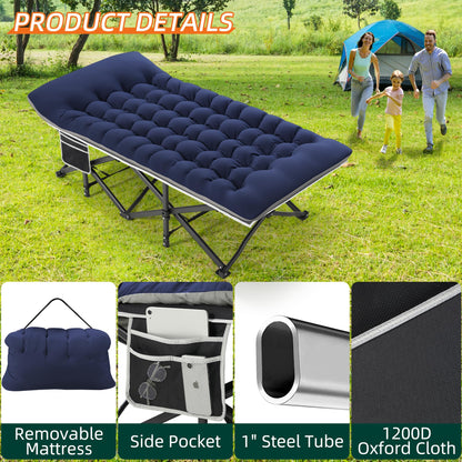 Fragess Portable Camping Cot, 32" Extra Wide Camping Cots for Everyone with Thick Cushion, Heavy Duty Sleeping Cot Holds Up to 600LBS, Cots for Sleeping, Rv, Beach, Patio, Office Naps(Blue)