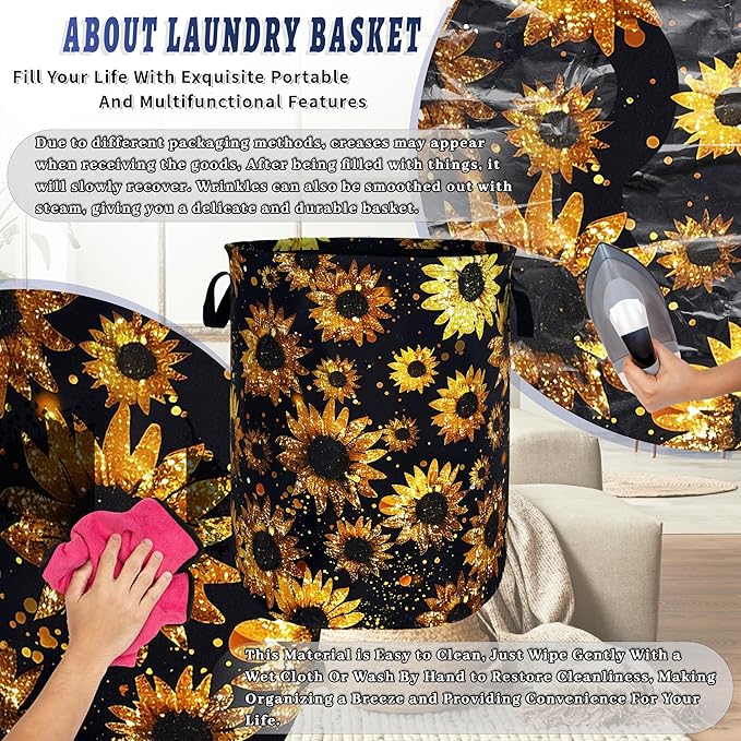 Beautiful Sunflower Laundry Basket Foldable Oxford Cloth Yellow Floral Laundry