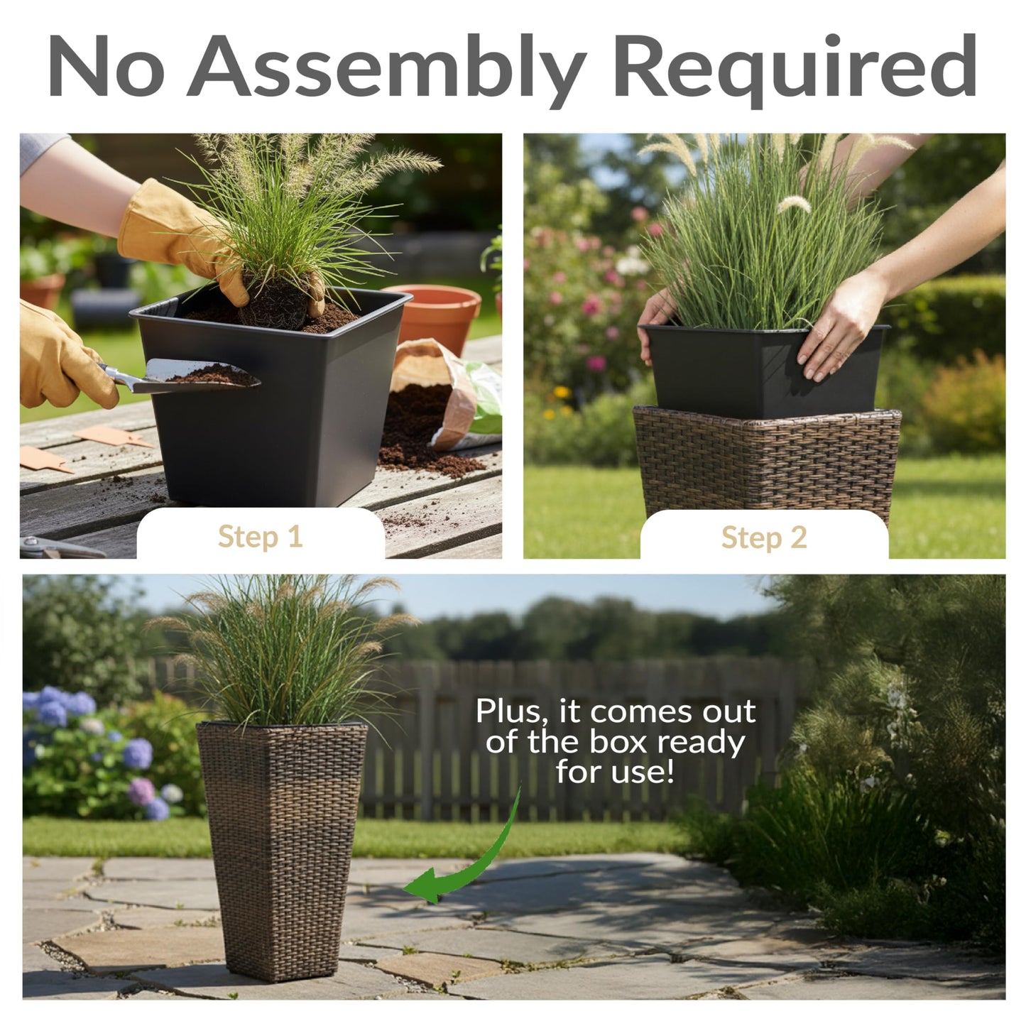 Sunnydaze Square Tall Wicker Outdoor Planter Set of 3 - Polyrattan Large Outdoor Planters for Porch, Patio or Garden - 9", 11.5", 14.75" Tall Plant Pots - Brown