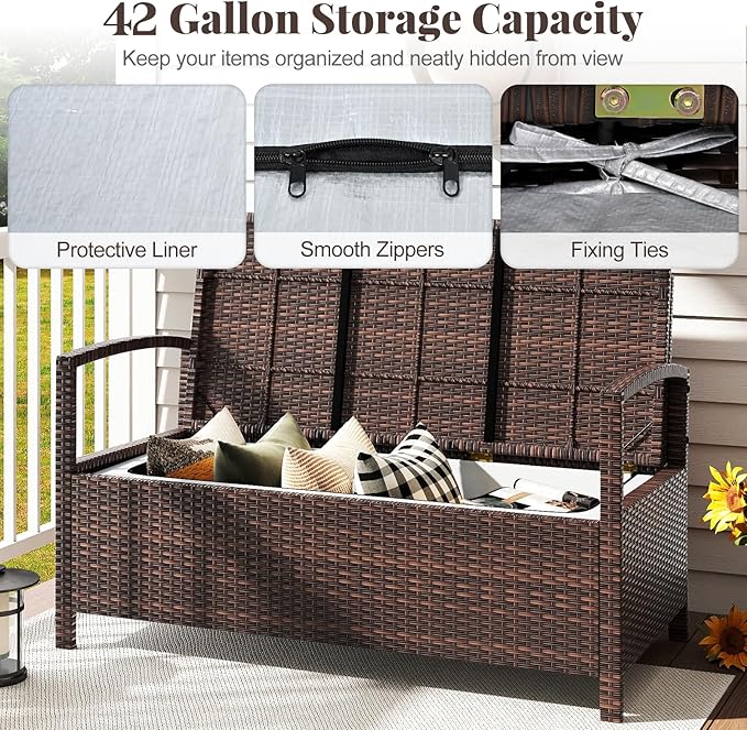 Tangkula 42 Gallon Outdoor Bench with Storage, Outdoor PE Rattan Storage Bench with Cushion, Backrest & Acacia Wood Armrests, Metal Frame, Waterproof Deck Box Seat for Porch Backyard Poolside