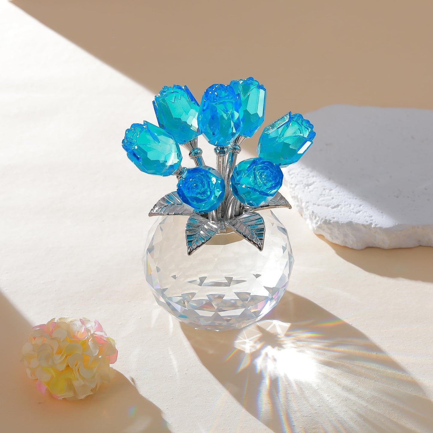 Lake Blue Rose Crystal Figurine with Vase, Bouquet Flowers Ornament Gifts for Wife, Girlfriend, Women - Handmade Crystal Flower Collectible Home Table Decor for Valentine Day, Wedding Anniversary