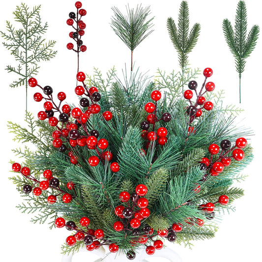 Winlyn 65 Pcs Artificial Pine Branches and Red Berries Stems Christmas Greenery Stems Cedar Picks for Christmas Tree Wreath Winter Wedding Holiday Floral Arrangement Table Centerpiece DIY Crafts