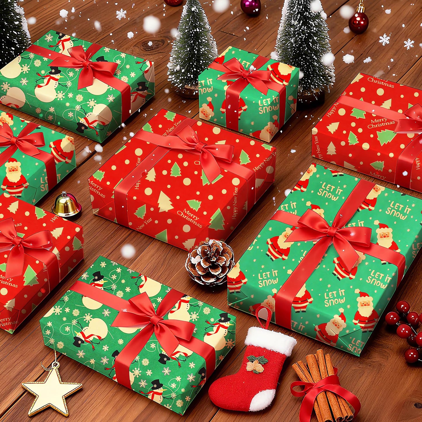 ENFANTRY Christmas Wrapping paper Rolls,3 Rolls Red and Green Xmas Wrapping Paper, Gift Wrapping Paper Christmas Bundle,Xmas tree Santa for Chrimas, Birthday, New Year, Valentines, Wedding, Holiday Deco, DIY