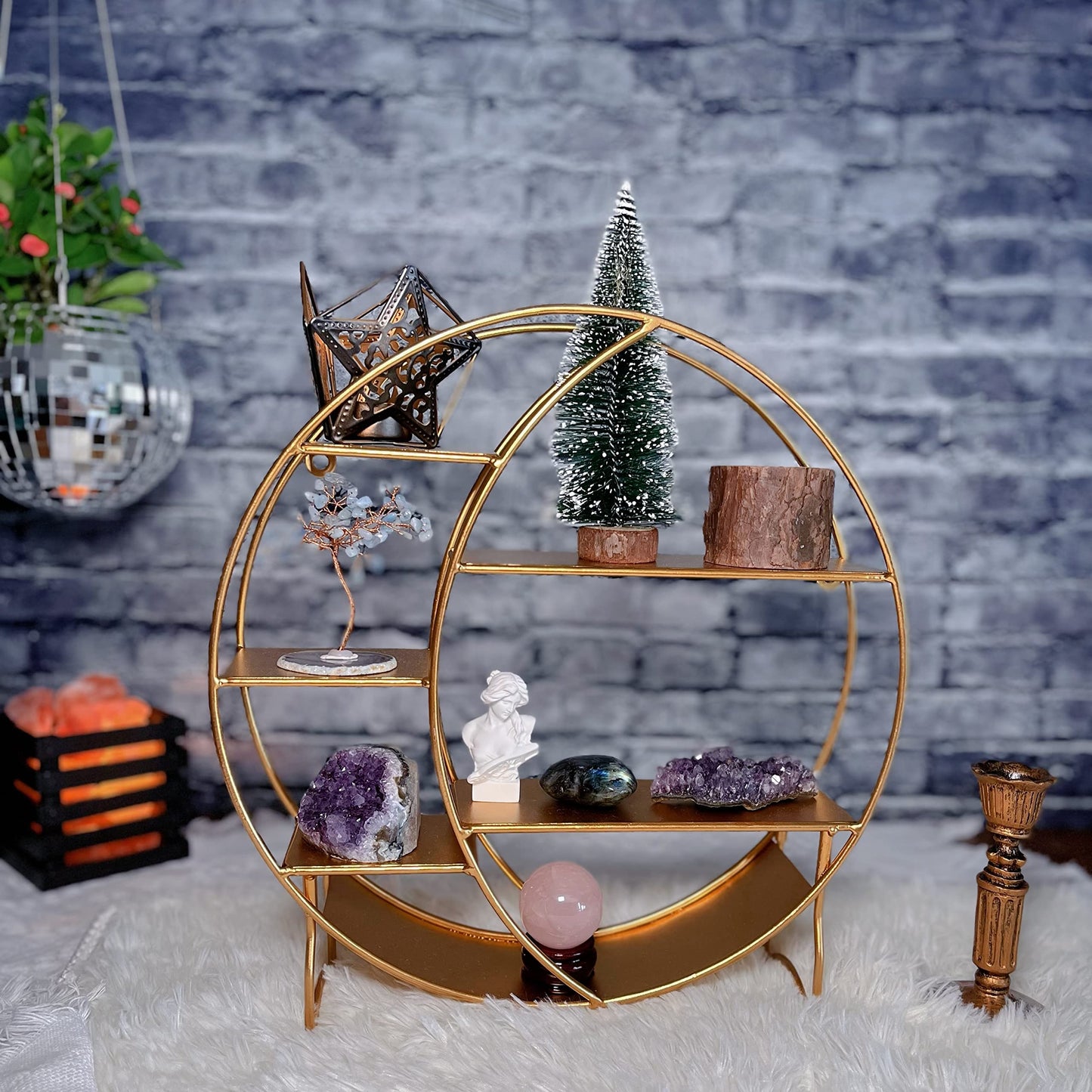 Apresolar 14'' Matte Gold Moon Shelf for Crystals - 7-Tier Open Design, Wall & Countertop Display, Modern Style, Holds Crystals, Essential Oils, Nail Polish