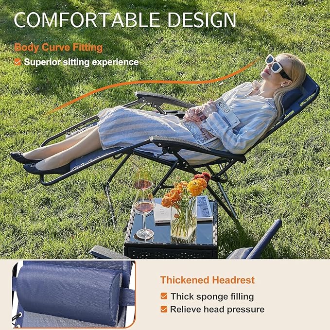 Sweetcrispy Zero Gravity Chairs, Set of 4 Portable Recliner Beach Camping Patio Outdoor Folding Lounge Chair with Cup Holder Trays and Adjustable Pillow for Poolside, Garden, Backyard, Lawn (Blue)