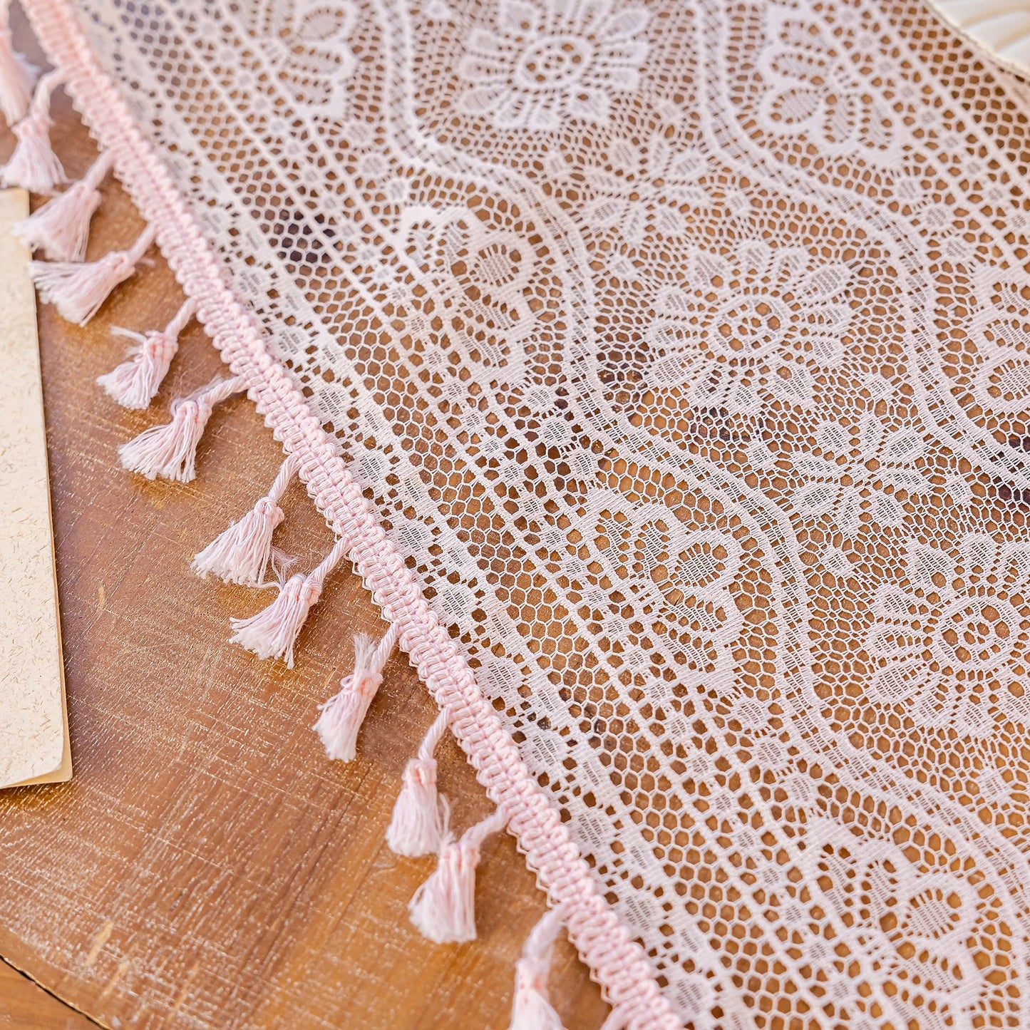 MYSKY HOME Pink Sheer Lace Curtains 2 Panels 63 inch Length for Girls Room Nursery Boho Vintage Floral Crochet Pattern Privacy Rod Pocket Tassels Small Windows Curtains, Wide 55 inch, 2 PCs