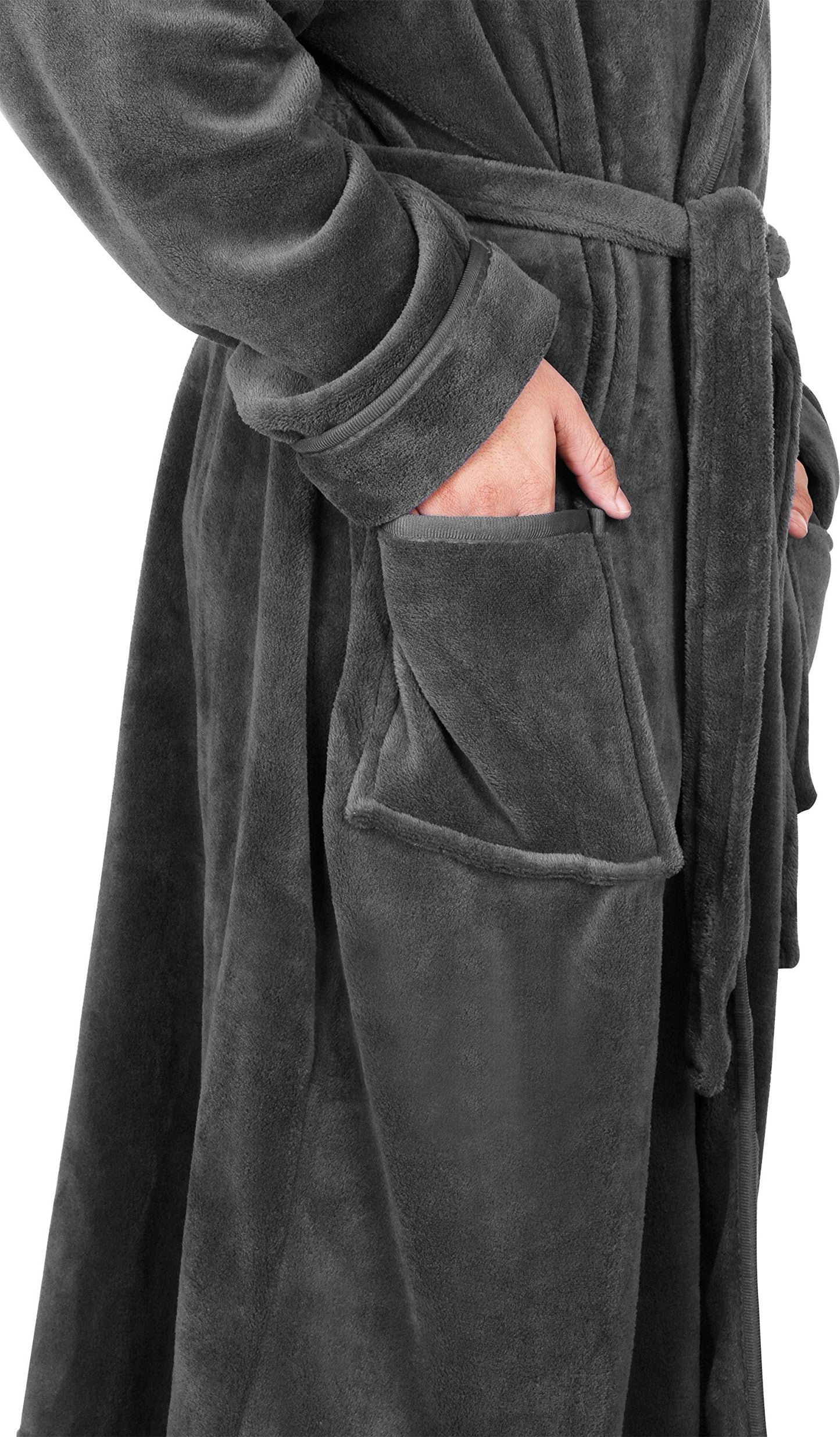 NY Threads Luxury Men’s Hooded Dressing Gown Super Soft Men’s Fleece Robe Cozy Hooded Plush Loungewear, Large, Dark Grey