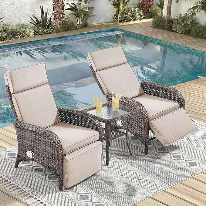 3 Pieces Zero Gravity Wicker Patio Recliner Chairs Set of 2 - Wicker Outdoor Lounge Chair with Side Table, Adjustable Backrest & Footrest, High Back Outdoor Recliner Chair for Pool Deck Beige