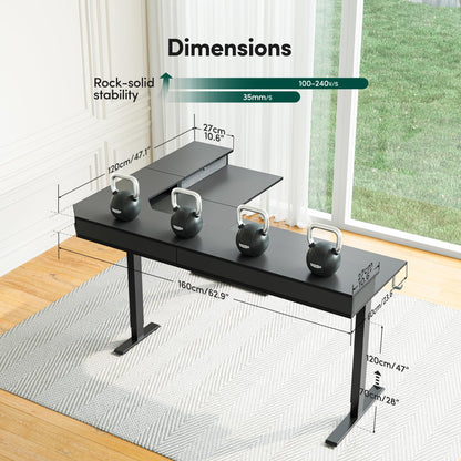 CubiCubi L Shaped Standing Desk with Drawers 63 x 48 Inch Adjustable Height, Electric Corner Desk with Storage, Sit Stand Home Office Desk with Splice Board, Black