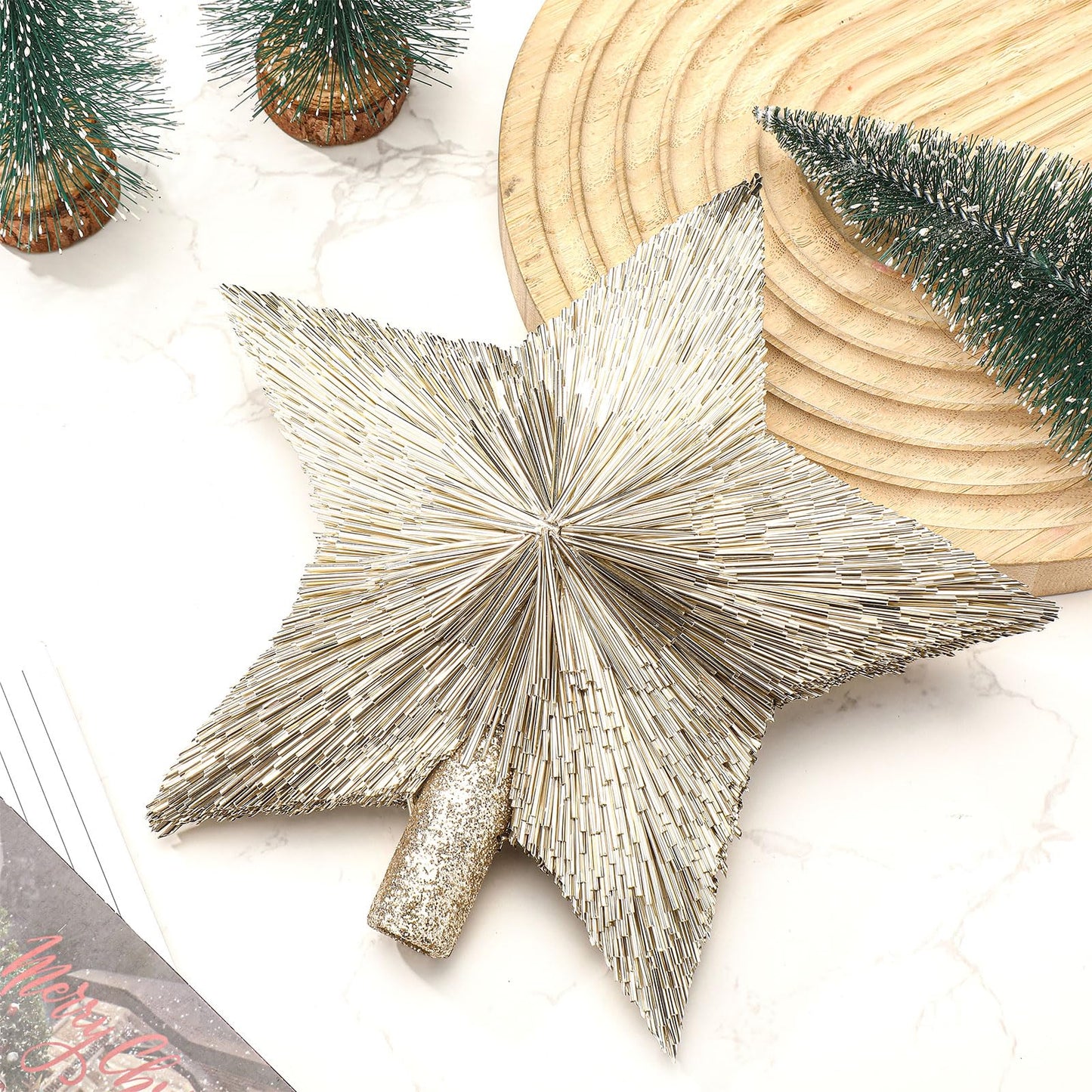 Threehoney 8.3 Inches Christmas Star Tree Topper Glitter Mini Sisal Star for Christmas Small Xmas Tree Top Decoration Ornament for Home Xmas Holiday Gift Decor(Champagne Gold)