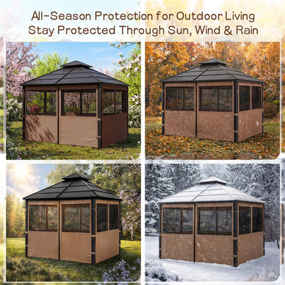 Batiyeer Gazebo Privacy Curtains 10' x 10' Outdoor Gazebo Curtains Waterproof with Mosquito Net Windows, Replacement 4-Panels Side Wall with Zippers for Patio Garden and Backyard, Brown(Curtain Only)