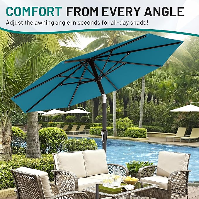 AreShark 9 FT Patio Umbrella for Outdoor, Outdoor Table Umbrella with Push Button Tilt and Crank, Outdoor Patio Umbrellas with 8 Sturdy Ribs for Market, Garden, Pool (Lake Blue)
