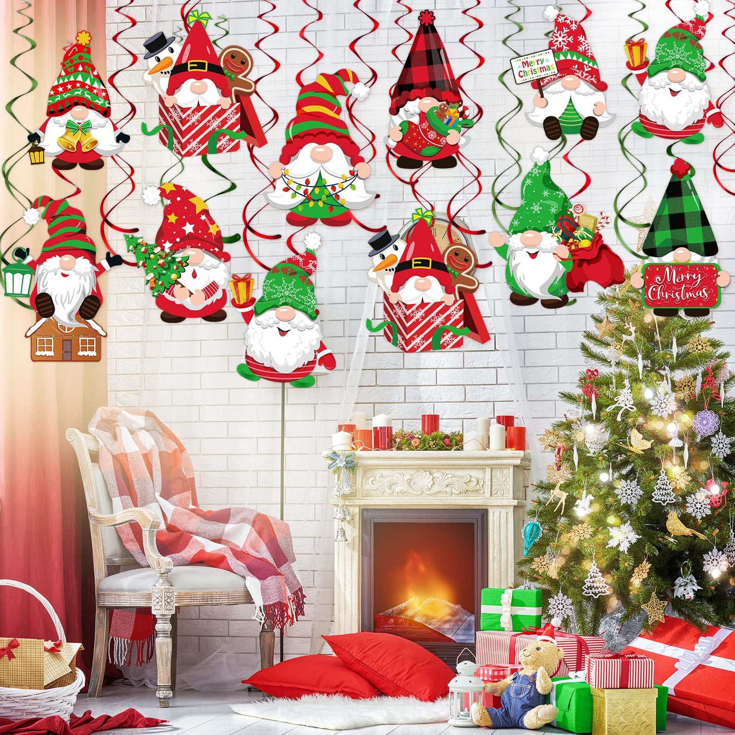 30 Pieces Christmas Hanging Swirls Decorations Gnomes Hanging Swirl, Xmas Holiday Birthday Party Decoration for Christmas Home Party Outdoor Indoor Decor Holiday Presents Baby Shower Supplies