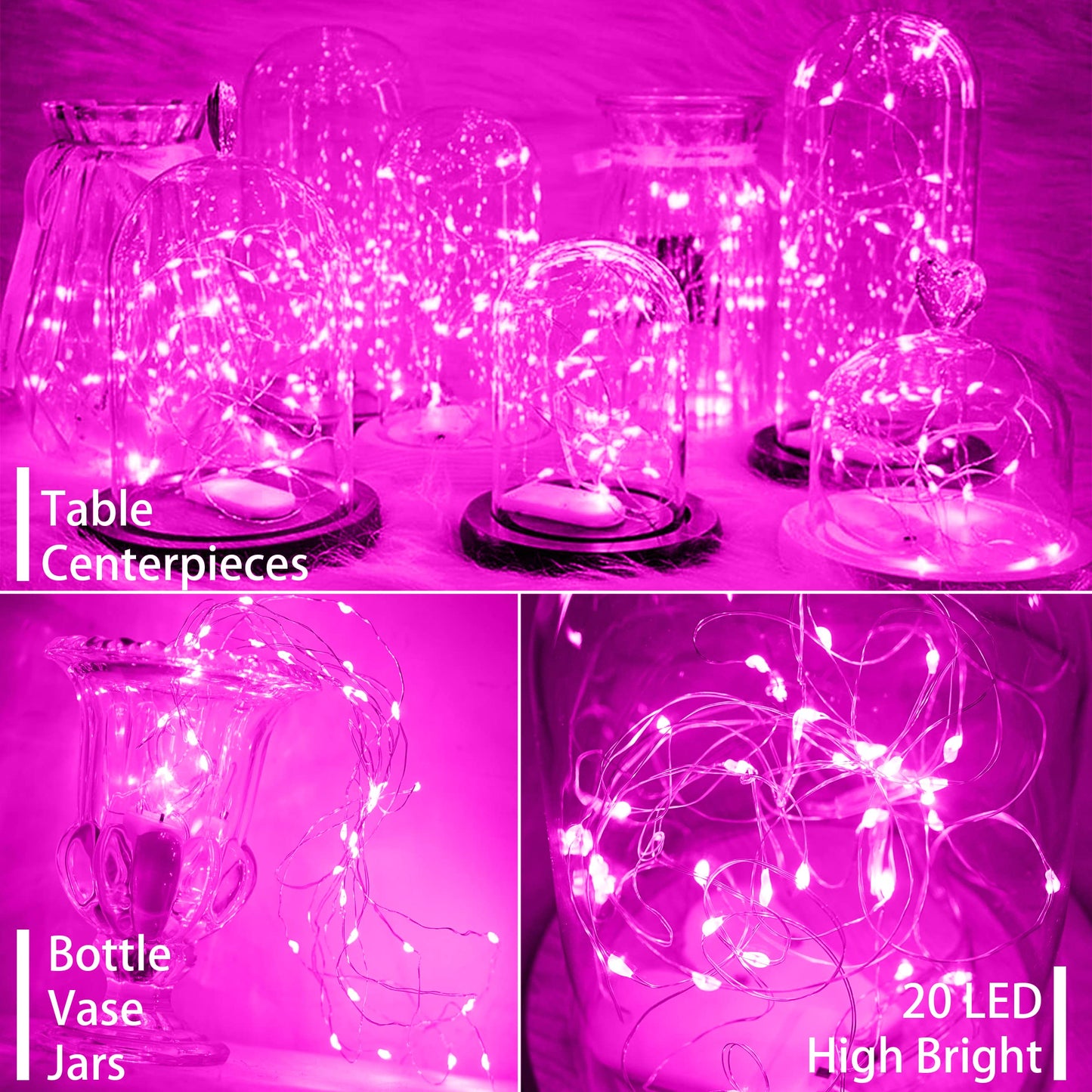 SunKite 16 Packs 20 LED Fairy String Lights Battery Operated Waterproof 6.6 Feet Silver Copper Wire Firefly Starry Moon Lights for DIY Costume Wedding Party Bedroom Table Decor (Pink)