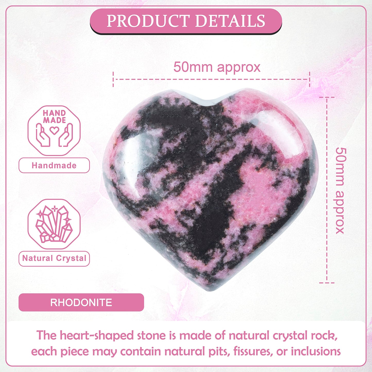Crocon 50mm Rhodonite Heart stone Big Heart Shape Puff Stones Set 450+ Carats Pocket Crystal Healing Tumble Collection Palm Worry Stone Good Luck Charm Meditation Gift Craft Home Decor