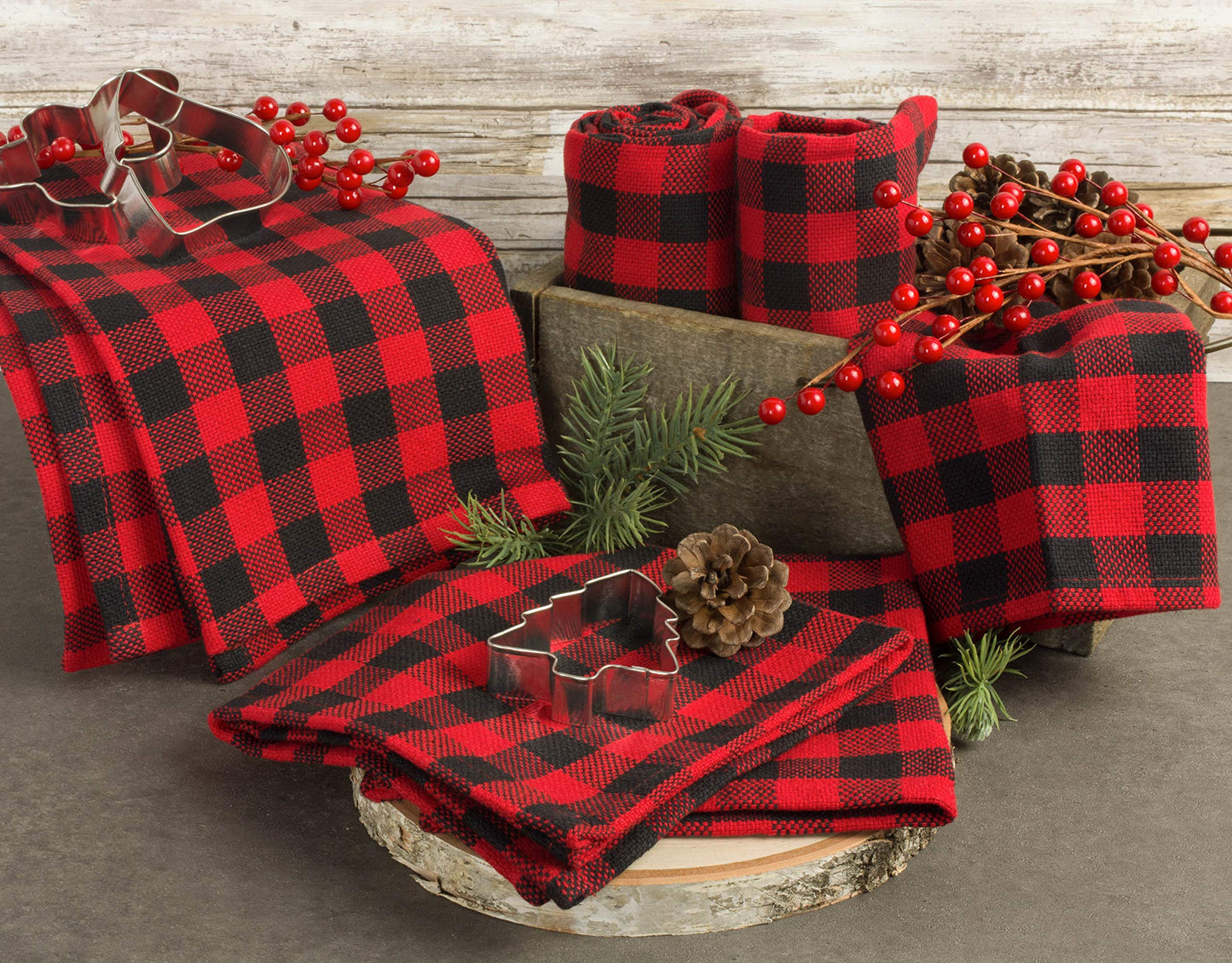 DII Buffalo Check Kitchen Collection, Classic Farmhouse Dishtowel Set, 18x28, Red & Black, 6 Piece