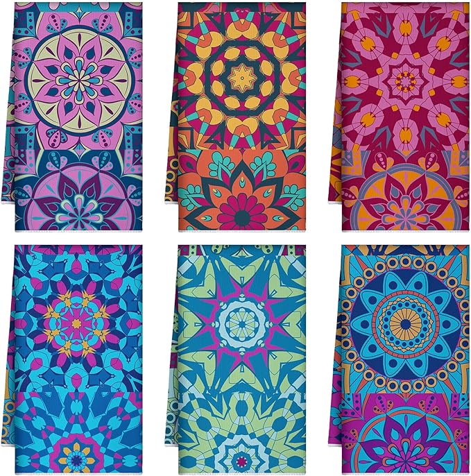 Boyiee Set of 6 Mandala Kitchen Towels Absorbent Boho Dish Towels 24 x 16