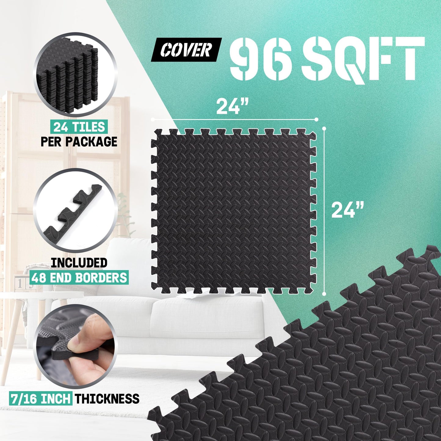 Yes4All EVA Interlocking Mats, Puzzle Floor Tiles, Foam Floor Padding with Border for Furniture, Home Space, Living Room, Garage 96 SQFT
