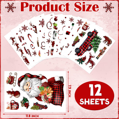 BORAMDO Christmas Window Clings 12 Sheets, Buffalo Plaid Xmas Window Decals Stickers Removable Holiday Decorations for Home & Office, 12 Styles