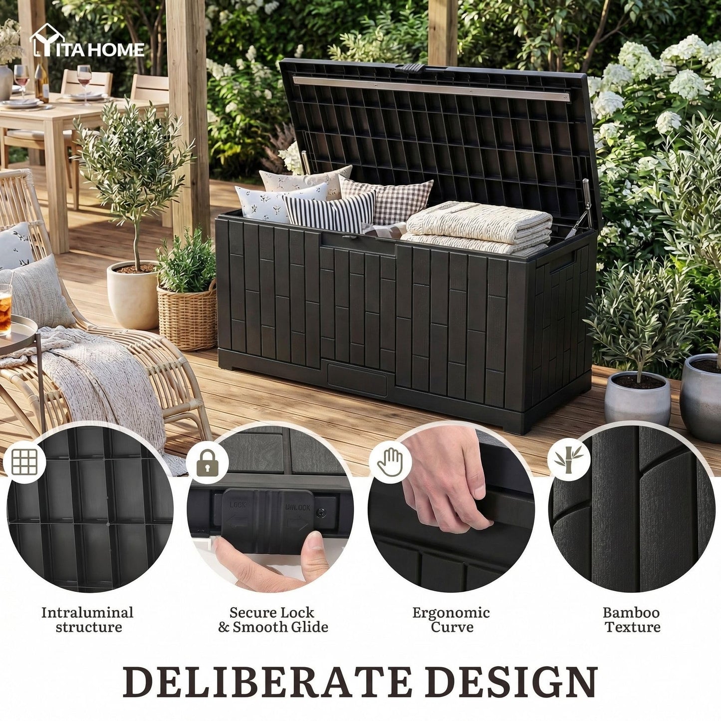 YITAHOME 120 Gallon Large Deck Box, 53"L x 22.7"W x 25.5"H Resin Outdoor Storage Box with Slide-Locking Lid for Patio Cushions, Garden Tools, Pool Supplies, Easy Assembly, Waterproof Lockable, Black