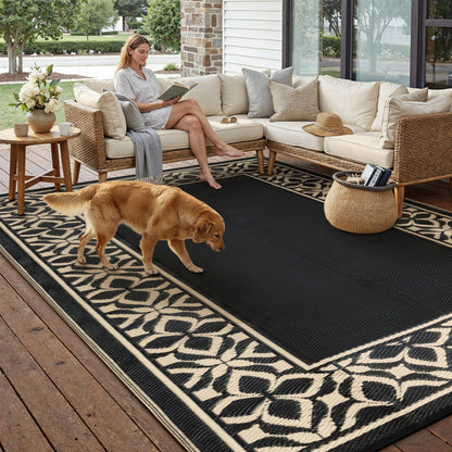 PureCozy Outdoor Plastic Straw Rug Black Beige Large Outside Waterproof Outdoor Patio 10x14 Carpet Geometric Reversible Mat Modern for Camping RV Porch Deck Balcony Beach